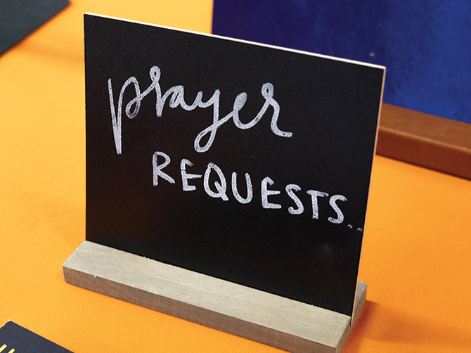 mini chalkboard that has "prayer requests" handwritten on it